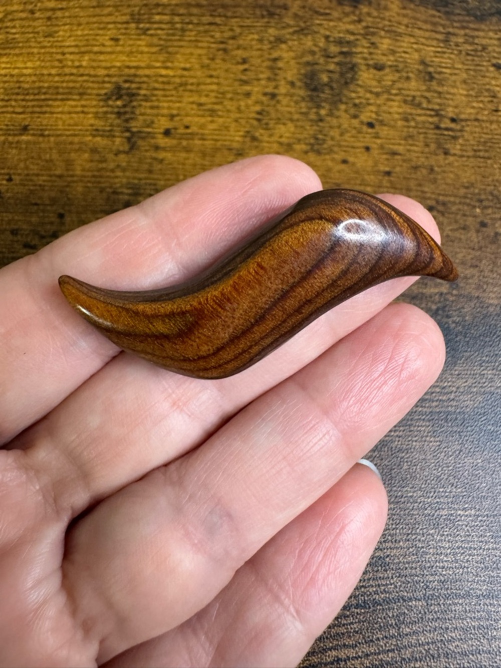 Hand Crafted Brown Wood Curved Brooch Pin